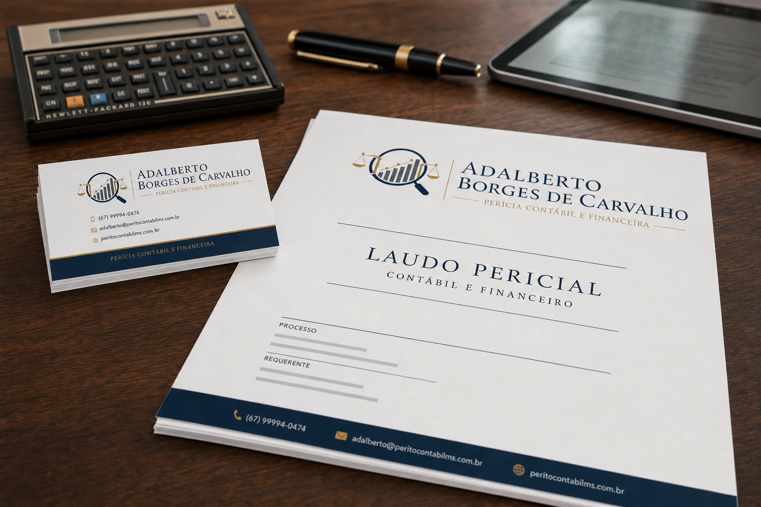 Laudo pericial contábil e financeiro com cartão de visita profissional
